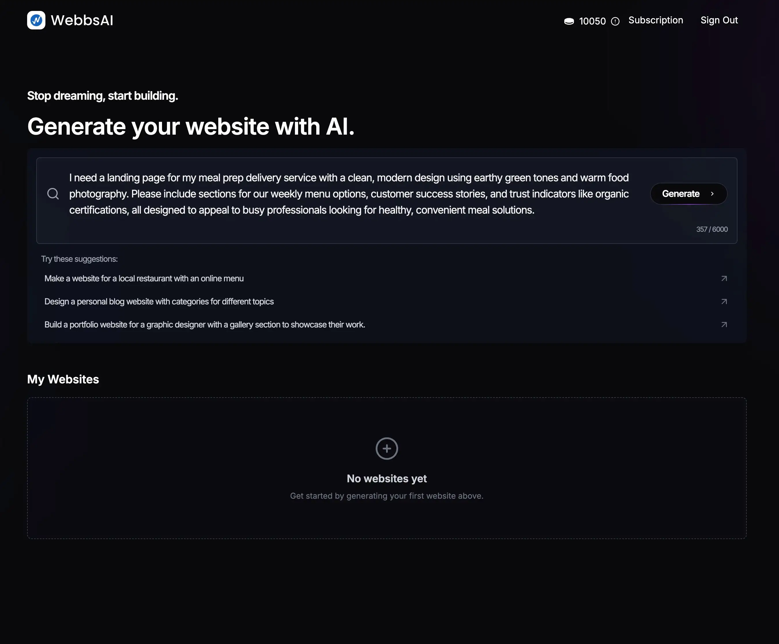 WebbsAI chat interface demonstrating text-to-website generation